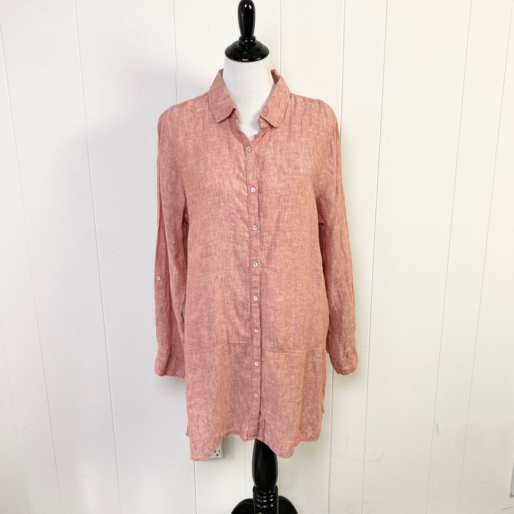 Tahari Pink Coral 100% Linen Roll Tab Sleeve Button Down Tunic Shirt Size XL